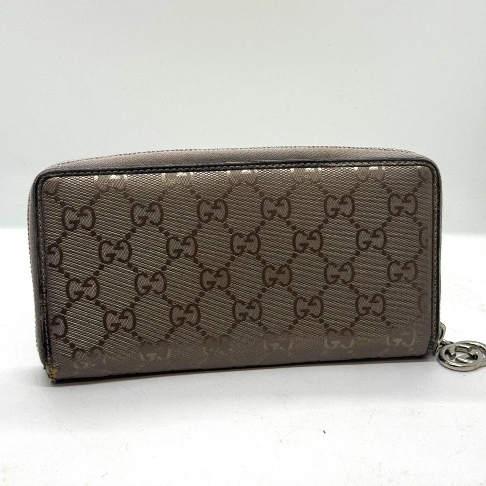 Gucci GG Monogram Zip‎ Around Wallet Silver Purple Gray Leather PVC Mirror